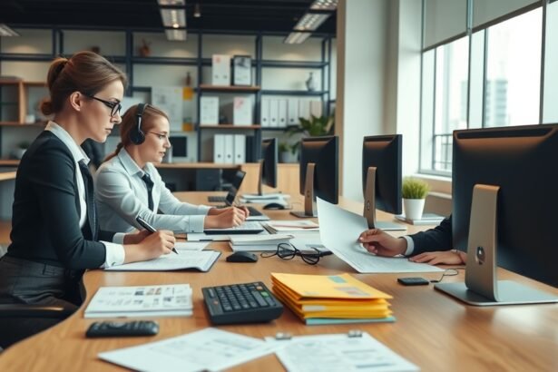 Két hölgy dolgozik az áfa bevallásokkal egy modern irodában.