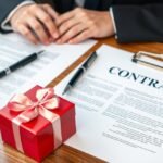 Ajándékozási szerződés aláírása egy ajándék doboz mellett