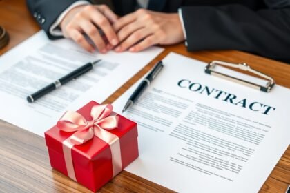 Ajándékozási szerződés aláírása egy ajándék doboz mellett