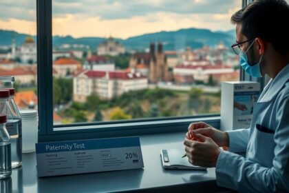 Apasági teszt magánlaborban, kémcsövek és szakember az asztalnál.