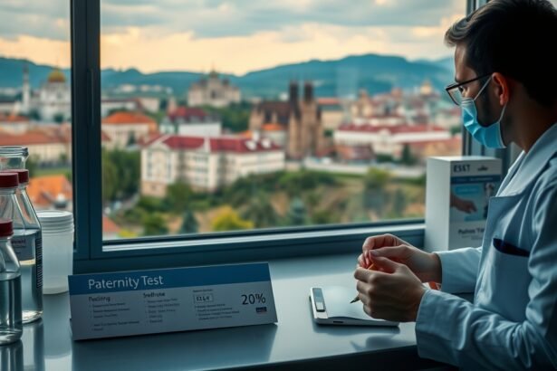 Apasági teszt magánlaborban, kémcsövek és szakember az asztalnál.