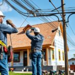 Villanyszerelők áram bevezetésén dolgoznak új építésű háznál.