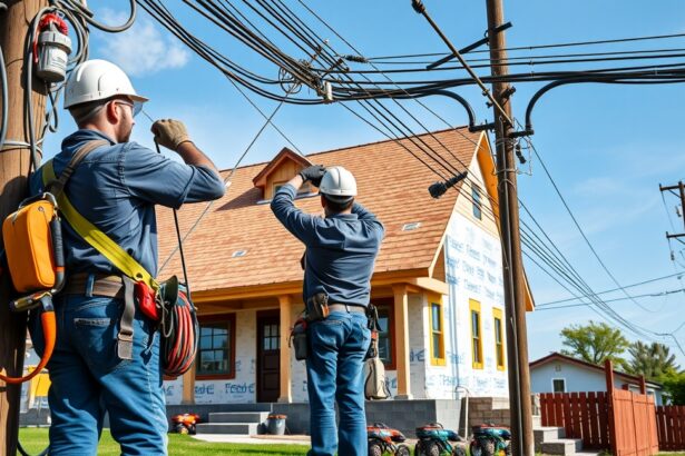 Villanyszerelők áram bevezetésén dolgoznak új építésű háznál.