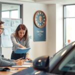 Jármű átírása ügyintézés közben, dokumentumokkal és autóval.