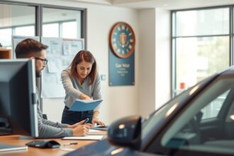 Jármű átírása ügyintézés közben, dokumentumokkal és autóval.