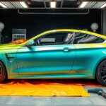 Egy autófóliázás folyamatban, színes fóliával ellátott autó