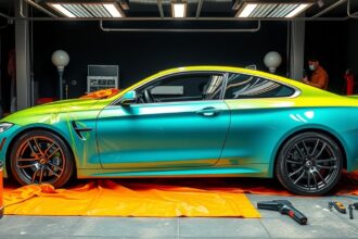 Egy autófóliázás folyamatban, színes fóliával ellátott autó