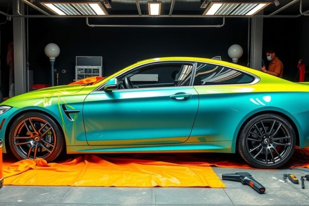 Egy autófóliázás folyamatban, színes fóliával ellátott autó