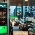 Autógáz árak megjelenítése benzinkútnál, forgalmas városi környezetben.