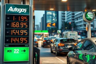 Autógáz árak megjelenítése benzinkútnál, forgalmas városi környezetben.