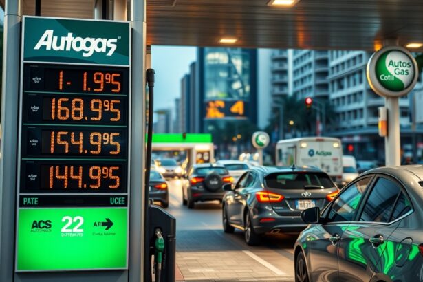 Autógáz árak megjelenítése benzinkútnál, forgalmas városi környezetben.