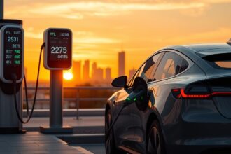 Elektromos autó töltése naplementében, töltőállomással.