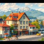 Ausztriai város látkép hegyekkel és házakkal