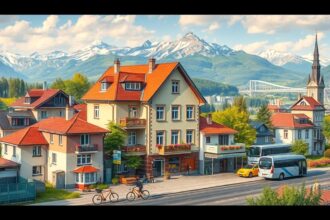 Ausztriai város látkép hegyekkel és házakkal