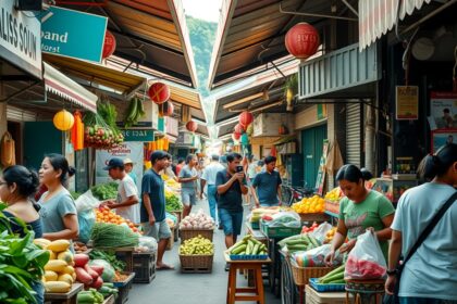 Bali helyi piac, friss zöldségekkel és gyümölcsökkel tele.