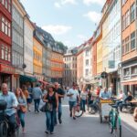 Dániai városi háttér, embercsoport, biciklizés és kávézók.