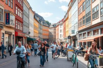 Dániai városi háttér, embercsoport, biciklizés és kávézók.