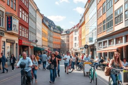 Dániai városi háttér, embercsoport, biciklizés és kávézók.