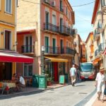 Hangulatos utca Spanyolországban, éttermek és boltok.