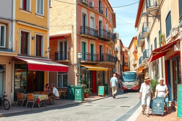 Hangulatos utca Spanyolországban, éttermek és boltok.