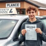 Fiatal fiú az első jogosítványával egy vezetőiskolánál