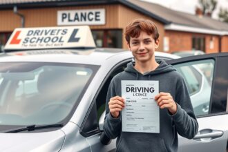 Fiatal fiú az első jogosítványával egy vezetőiskolánál