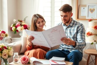 Fiatal pár esküvői költségeket tervez a nappaliban