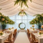 Elegáns esküvői dekoráció gyönyörű virágokkal és világítással.