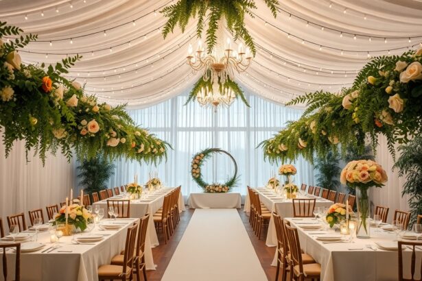 Elegáns esküvői dekoráció gyönyörű virágokkal és világítással.