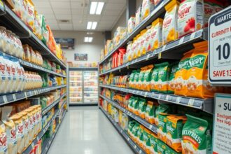 Cukor termékek a bolt polcain, aktuális árak kiírással