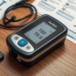 Inzulinpumpa és kalkulátor asztalon, diabétesz kezeléséhez.