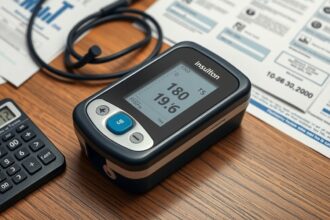 Inzulinpumpa és kalkulátor asztalon, diabétesz kezeléséhez.