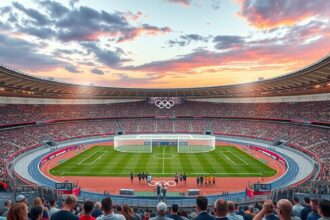 Olimpiai stadion teltházas nézőközönséggel a naplementében