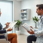 Konzultáció orvos és páciens között orrplasztika előtt.