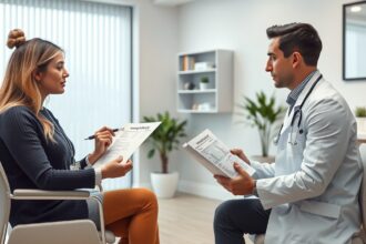 Konzultáció orvos és páciens között orrplasztika előtt.