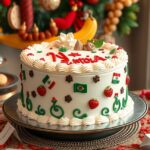 Szezonális ünnepi torta díszítve zászlókkal és eperrel