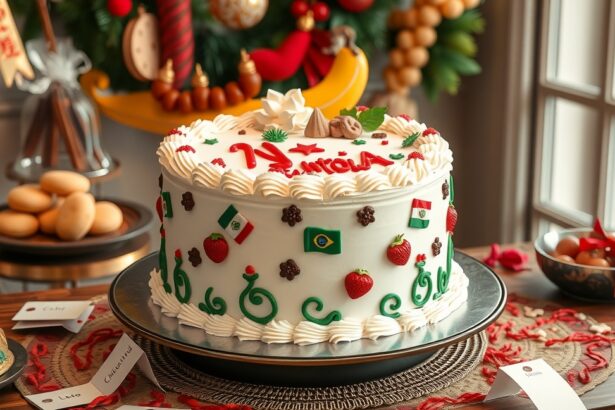 Szezonális ünnepi torta díszítve zászlókkal és eperrel