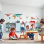 Kisgyerekek játszanak egy modern óvodai környezetben