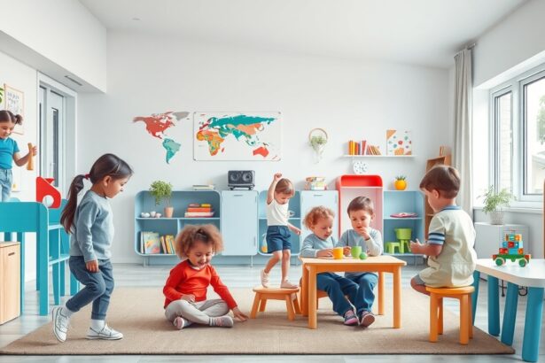 Kisgyerekek játszanak egy modern óvodai környezetben