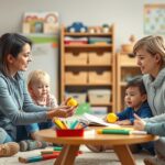 Két nevelő és gyermekek együtt játszanak az óvodában.