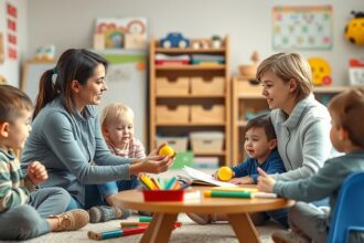 Két nevelő és gyermekek együtt játszanak az óvodában.