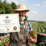 Őstermelő a mezőgazdaságban, kézben tartja az őstermelői igazolványt és növényt.
