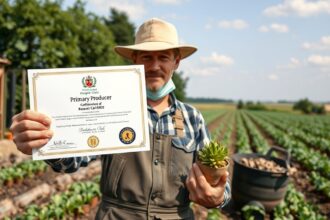 Őstermelő a mezőgazdaságban, kézben tartja az őstermelői igazolványt és növényt.