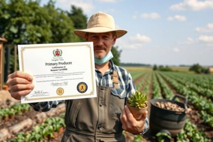 Őstermelő a mezőgazdaságban, kézben tartja az őstermelői igazolványt és növényt.