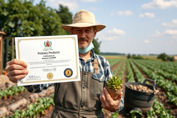 Őstermelő a mezőgazdaságban, kézben tartja az őstermelői igazolványt és növényt.