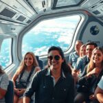 Utazók űrutazás közben egy űrhajó belsejében