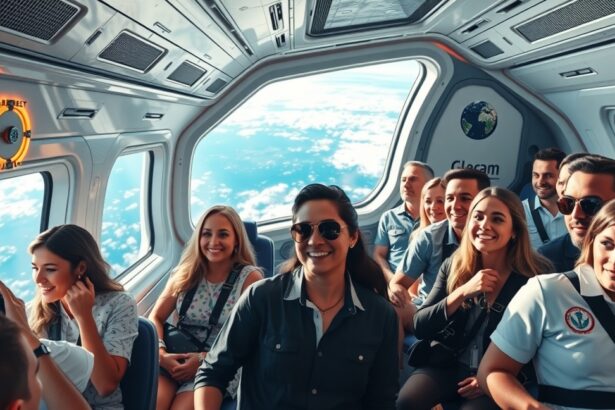 Utazók űrutazás közben egy űrhajó belsejében