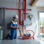 Gázbekötés szakember munkája, piros csövekkel és gáztartályokkal.