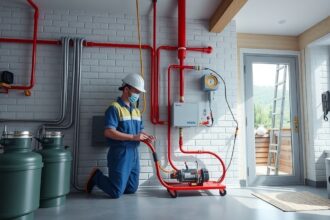 Gázbekötés szakember munkája, piros csövekkel és gáztartályokkal.