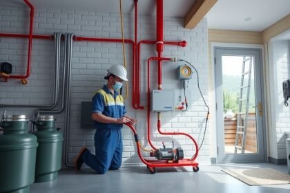Gázbekötés szakember munkája, piros csövekkel és gáztartályokkal.